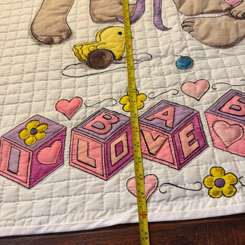 Vintage Nursery Baby 33x48 Quilted Blanket Teddy Bears I Love Bears Blocks White